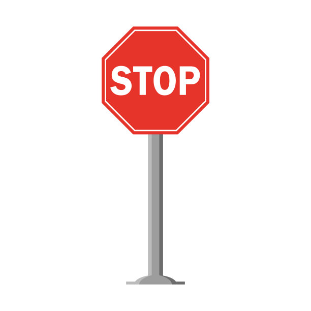 八角形交通信号在红色与文字在白色，与棍棒和孤立在白色背景。强制停止。英文文本图片下载