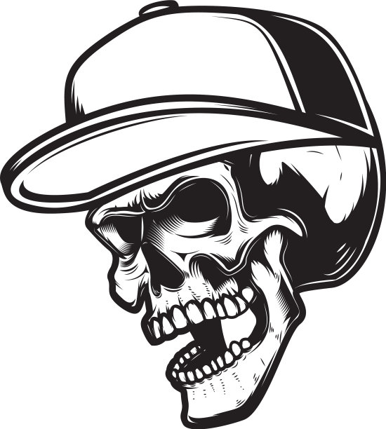 头盖骨棒球帽，雕刻风格设计图片下载