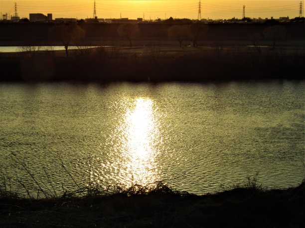 日本。3月。江户川的日落。图片下载