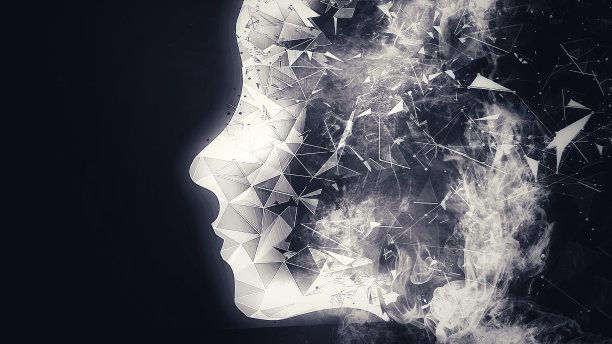 一个抽象的人脸与烟雾旋转的3D插图素材图片