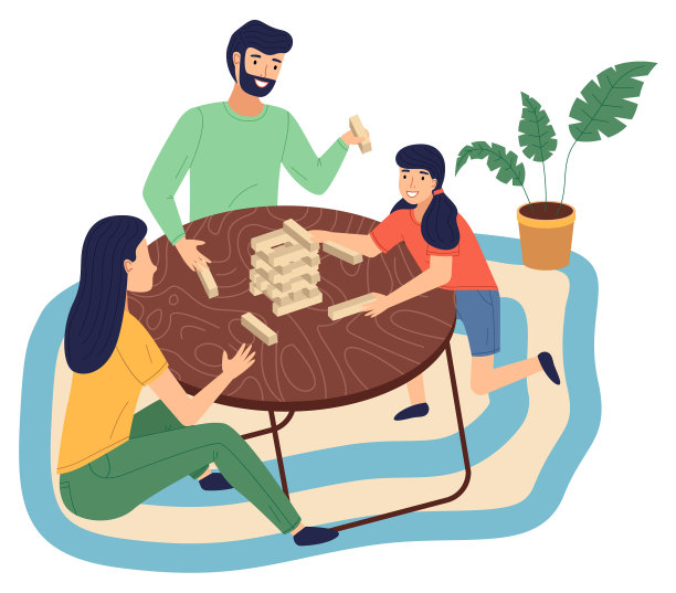 快乐的一家人在家里一起玩扁平卡通图片下载