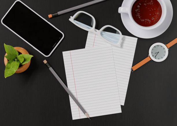 办公桌上放着一杯茶，智能手机，手表，笔记本，铅笔，眼镜，盆栽。从以上观点。业务设计模板。3 d演示。渲染。图片下载
