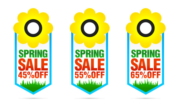 一套彩色的春季销售徽章有花的折扣45%，55%，65%。图片下载