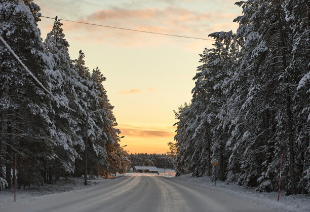 在日落时穿过森林的冬季道路图片下载