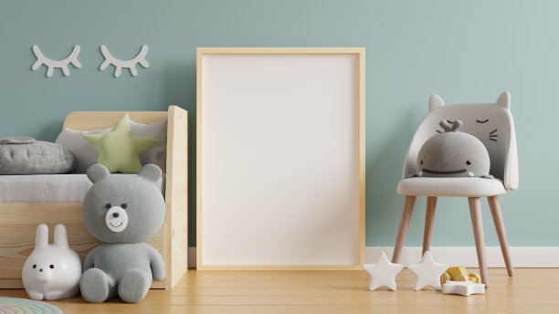 模拟海报框架在儿童房，儿童房，托儿所模型。图片下载