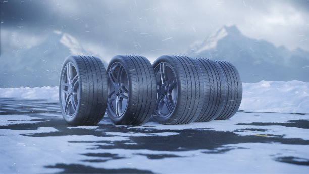 3d渲染汽车轮胎滚动在下雪的道路下图片下载
