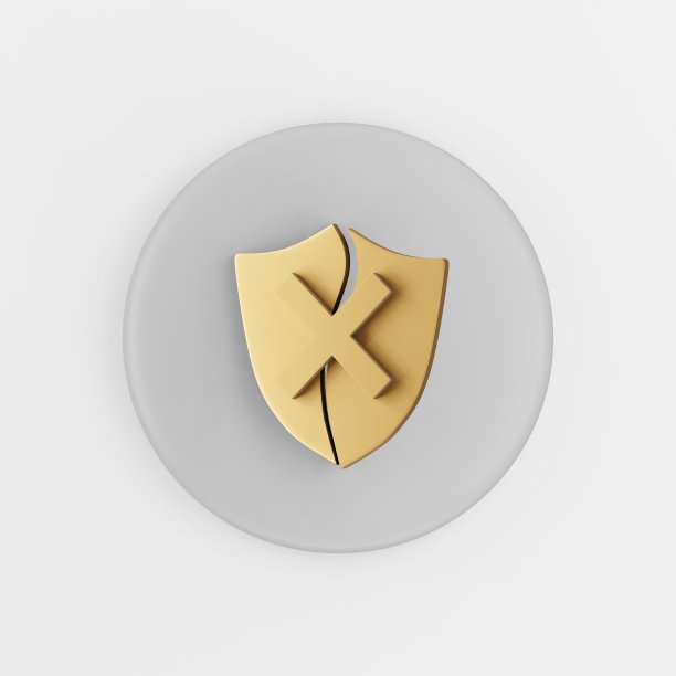 金色破碎的盾牌图标。3d渲染灰色圆形按键，界面UI用户体验元素。图片下载