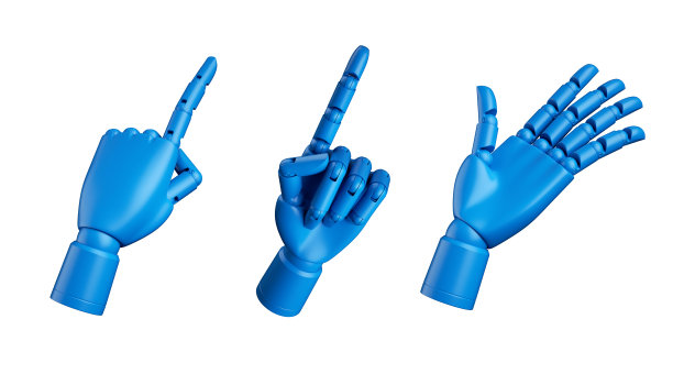 3d渲染，蓝色假人手，机械机器人假肢，组合手势孤立在白色背景，人工人体部分剪辑艺术收藏图片下载