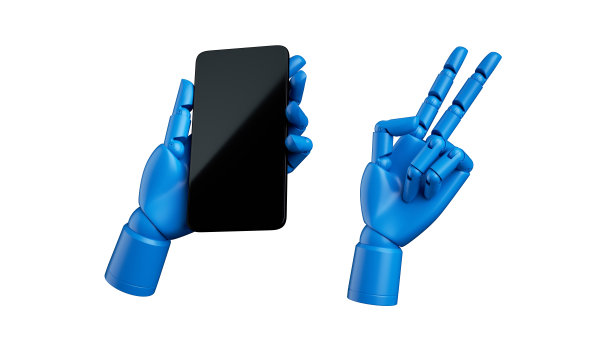 3d渲染机械蓝色假人手持智能手机在垂直位置，孤立在白色背景。摘要黑色光泽电子器件。无线技术的概念图片下载