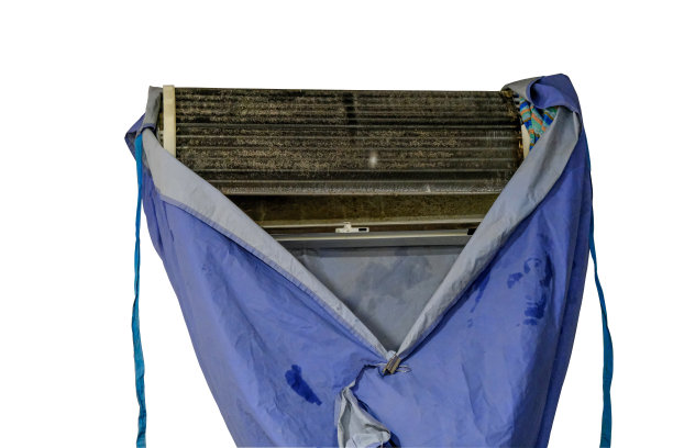 蓝色织物织物覆盖冷却硬币空调保护蒸发器。肮脏的空气没有过滤器，使人不健康。图片下载