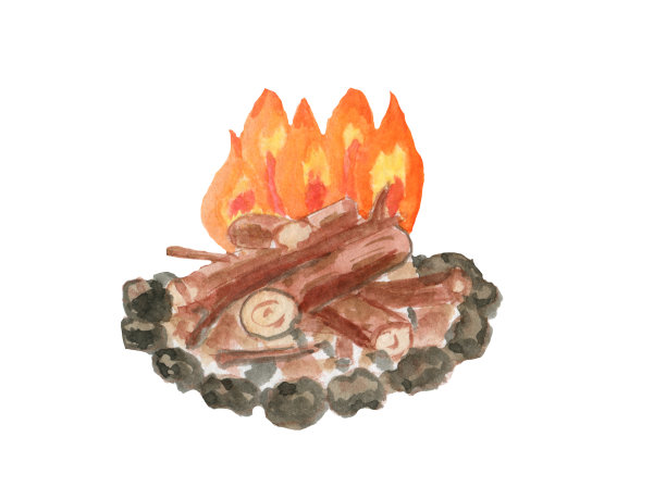 水彩画插图。在森林里徒步旅行的工具。水彩画元素，手工，木工工具，木制，金属，配件，徒步旅行，野餐，在森林娱乐。图片下载