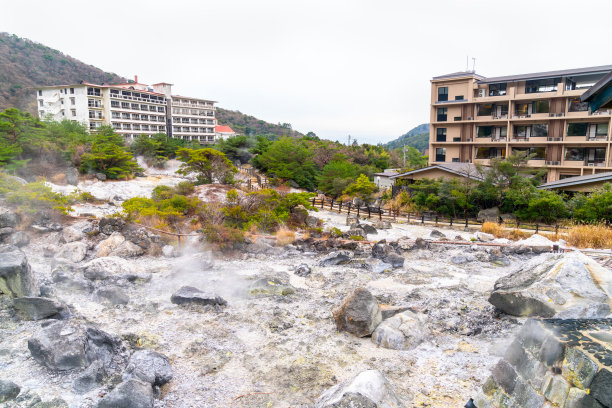 日本长崎县旅游景点“云仙地狱”和“云仙温泉”的照片图片下载