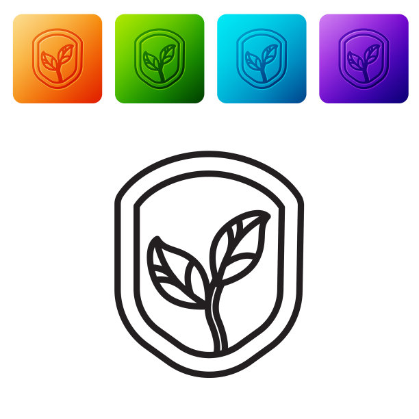 黑色线条盾牌与叶子图标孤立在白色上图片下载