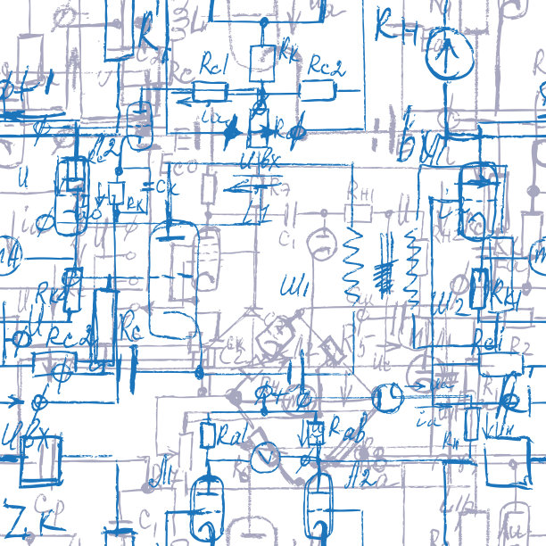 具有手写数学和物理公式，电子元器件，原理图和器件电路的科学无缝背景。电工的模式。向量。图片下载