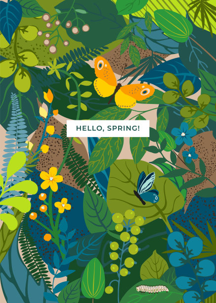 美丽的花与文字背景你好夏天，树叶，五颜六色的花，毛毛虫，蝴蝶。夏季概念婚礼，孩子，贺卡，覆盖社交网络。矢量插图。图片下载