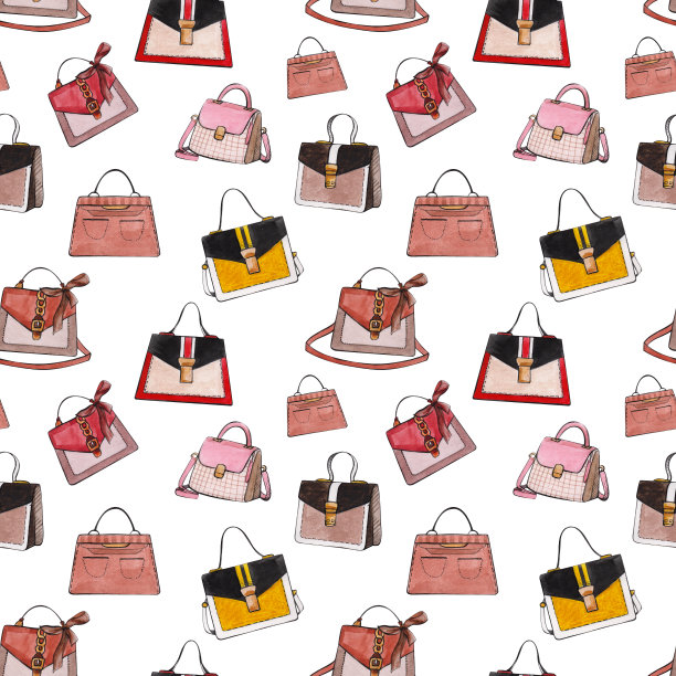 无缝多色图案手绘水彩女士手袋图片下载