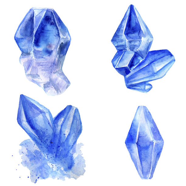 水彩珍贵未经处理的水晶，装饰彩色宝石，蓝色蓝宝石设置孤立在白色背景，天然金块，手绘插图设计时尚广告，地质标志图片下载