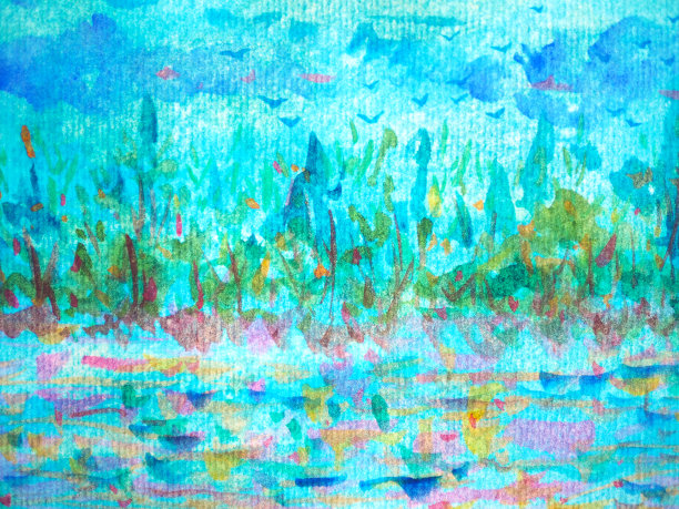 艺术抽象山水水彩画树木森林蓝绿色河流插图设计图图片下载