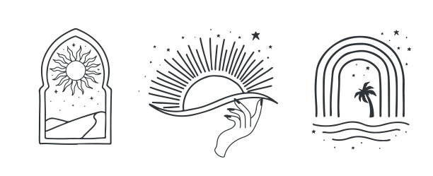 美女波西米亚收藏用手、窗、山、太阳。矢量插图图标，贴纸，打印和纹身图片下载