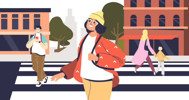 人在人行道。一组卡通行人过马路斑马线图片下载