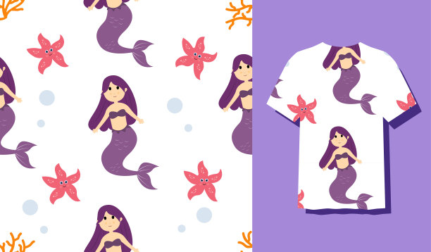 无缝模式水下美人鱼矢量插图可爱的海洋动物卡通人物随着鱼，海龟，章鱼，海马，螃蟹图片下载