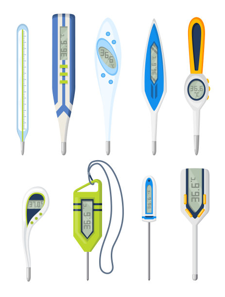 温度计的图标集。用矢量测量体温。电子温度计主要预防冠状病毒。为网页设计孤立在白色背景上的卡通向量图标集图片下载