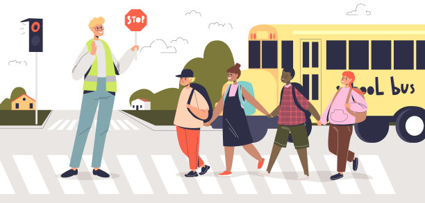 一名男子手持停车标志，一群孩子在人行横道上过马路。工人调节流量图片下载