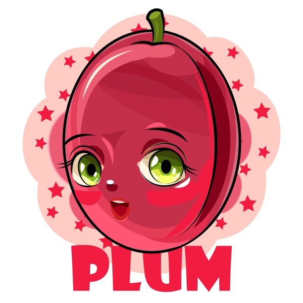 在抽象背景上的李子。脸铭文。孤立的物体在白色上。成熟。卡通平的风格。插图。微笑。向量图片下载