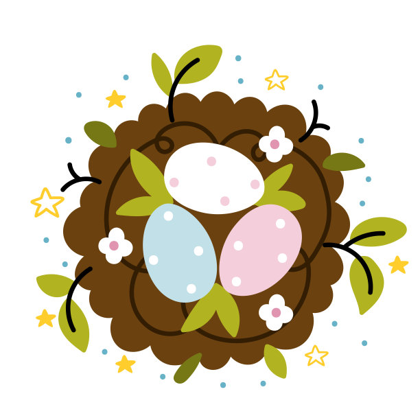 春天巢里的复活节彩蛋。春天的装饰。复活节组成。复古插图在柔和的颜色。平面设计。简单的手绘插图。简约优雅的概念。图片下载