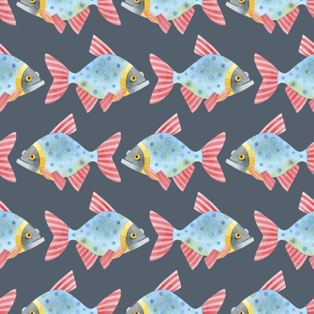 水彩无缝鱼纹。可爱有趣的鲤鱼(鲤鱼、鲫鱼)。在灰色背景上手工绘制的装饰纹理。理想的纺织品，包装，壁纸，网站，卡片。图片下载