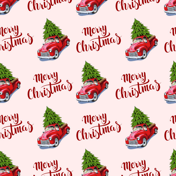 圣诞节无缝的背景。一辆红色复古卡车，上面有圣诞树和有趣的圣诞短信。这篇课文是手写的。图片下载