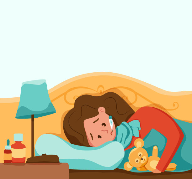 生病的儿童与温度计在口矢量插图。不开心的小女孩因病毒或感冒感到不适，头痛，躺在家里的床上测量体温。图片下载