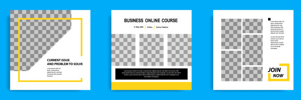 设置社交媒体帖子模板的捆绑收集。在线网络研讨会，会议，培训，研讨会，课程和学习视频的布局。简约现代，简约风格。图片下载