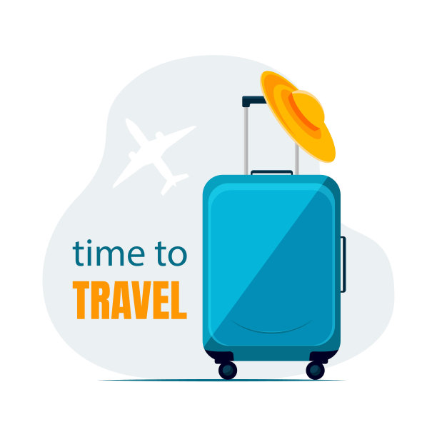 旅行海报时间到了。蓝色手提箱和帽子。图片下载