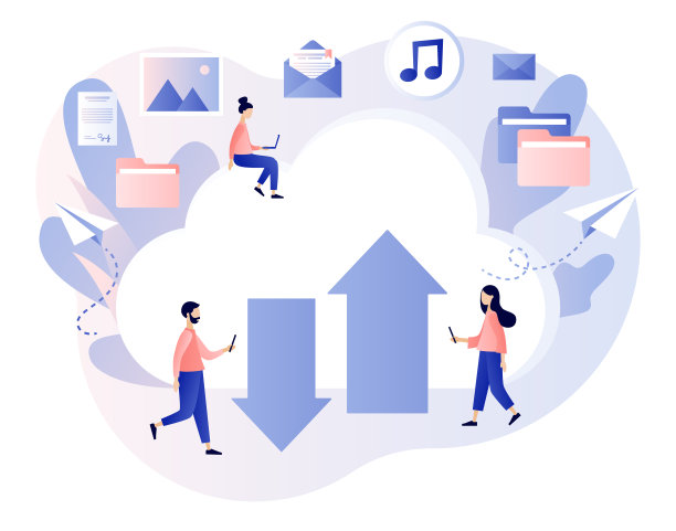 云存储。云计算服务。小人把数据、音乐、照片、视频放在大云服务器上。数据处理。现代平面卡通风格。白色背景上的矢量插图图片下载
