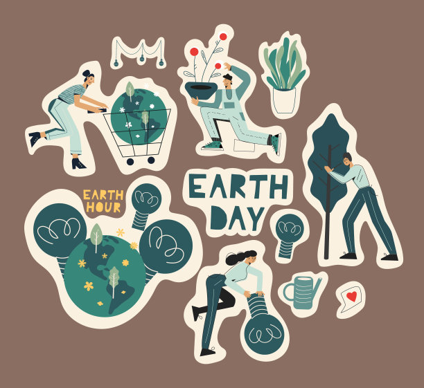 6、地球日保护自然和生态的理念。贴着人们关心地球的贴纸。收集与地球，植物，文字和生态志愿者的性格。平的卡通插图图片下载