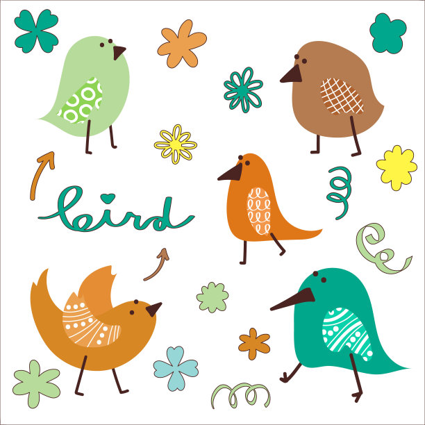 有趣的向量鸟类。一套涂鸦插图小鸟的孩子。漂亮的有装饰翅膀的小鸟。图片下载