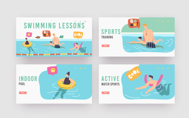 游泳课程登陆页面模板集。教练教孩子们在游泳池的性格。使用培训工具的女孩和男孩图片下载