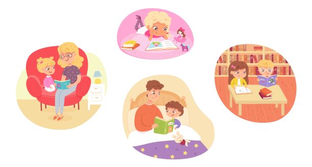 孩子们在读书：快乐聪明的孩子学习矢量插画。父亲和儿子在床上，母亲和女儿，女孩躺在家里，男孩和朋友在学校图书馆图片下载