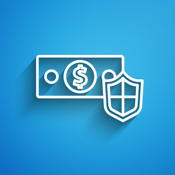 白线金钱与盾图标孤立在蓝色背景。保险的概念。安全、安全、保护、保护理念。长长的阴影。向量图片下载