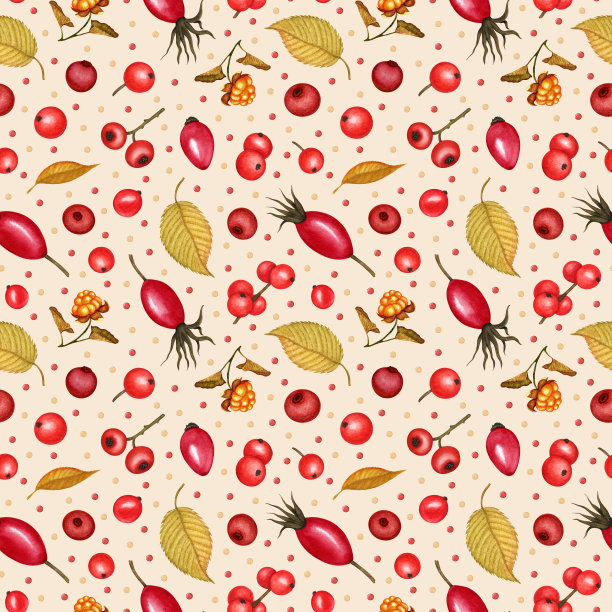 森林浆果无缝模式。越橘，越橘，越橘，玫瑰果，冬青和黄色秋叶。手绘自然背景的设计打印图片下载