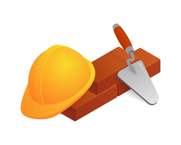 等距矢量插图工作者安全帽，砖块和泥铲隔离在白色背景。现实的建筑或工作安全帽和砖图标在平面风格。建筑设备。图片下载