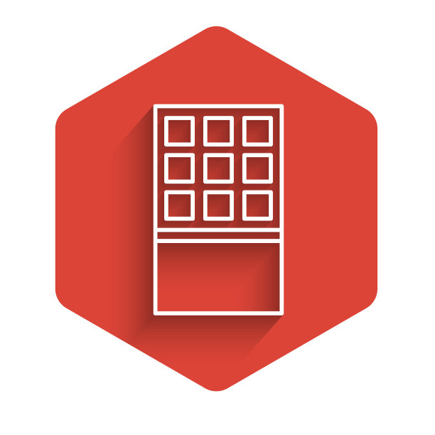 白线巧克力条图标孤立与长阴影。红色的六角按钮。向量图片下载