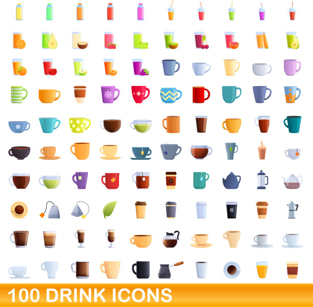 100个饮料图标设置卡通风格图片下载