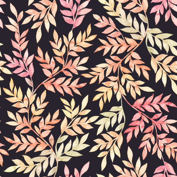 植物水彩无缝图案。花的背景。橙色、红色和绿色的叶子图案丰富多彩。适用于纺织品、织物、包装纸、亚麻布、墙纸等图片下载