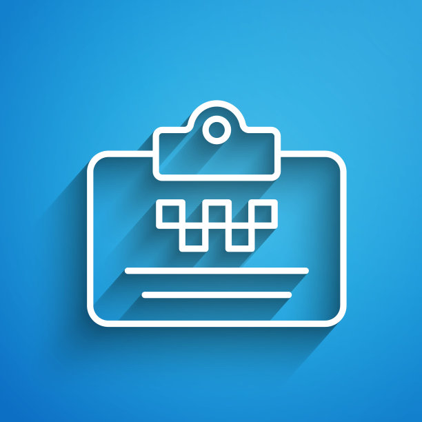 白色线出租车司机执照图标隔离在蓝色背景。长长的阴影。向量图片下载