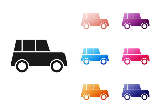 黑色汽车图标孤立在白色背景。前视图。设置图标丰富多彩。向量图片下载