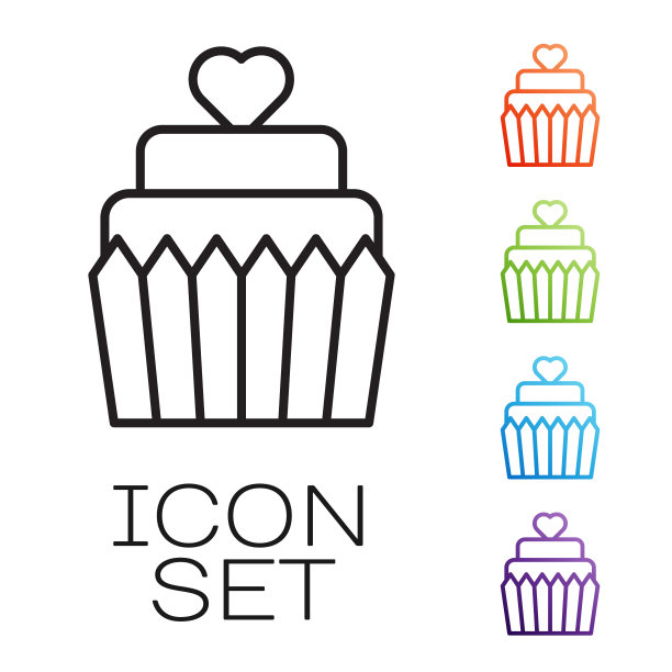 黑色线婚礼蛋糕与心图标孤立在白色背景。设置图标丰富多彩。向量图片下载