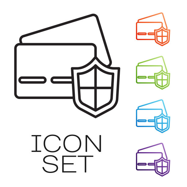 黑线信用卡与盾牌图标隔离在白色背景。在线支付。取现。金融业务。购物的迹象。设置图标丰富多彩。向量图片下载
