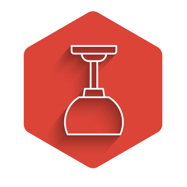 白色线灯悬挂图标孤立与长影子。顶灯灯泡。红色的六角按钮。向量图片下载